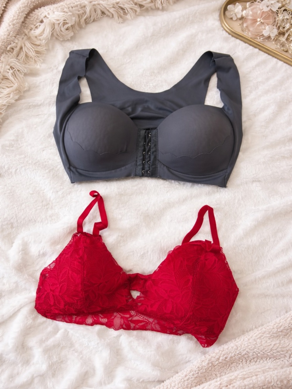 Bra Bundle Size Large Grey Wireless Bra Red Lace Bralette 2 Piece Set